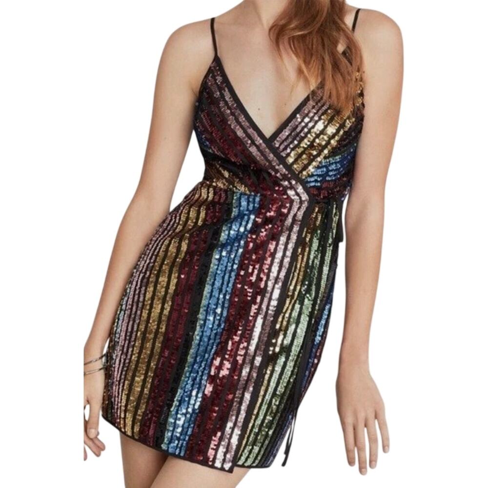 BCBGMaxazria Black Multi Color Striped Sequin Party Night Out Fun Mini Dress